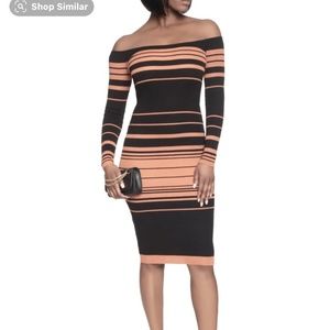 Unworn Off the Shoulder Long Sleeve Stripe Dress Color: Tan and Black